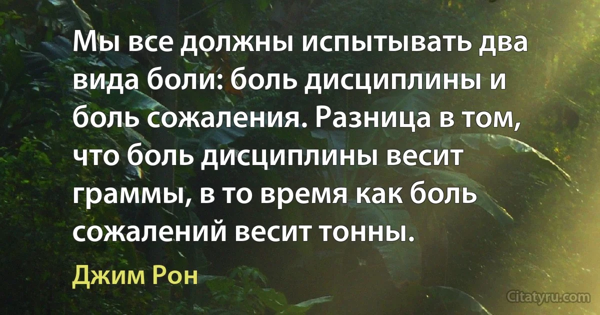 Мы все должны испытывать два вида боли: боль дисциплины и боль сожаления. Разница в том, что боль дисциплины весит граммы, в то время как боль сожалений весит тонны. (Джим Рон)