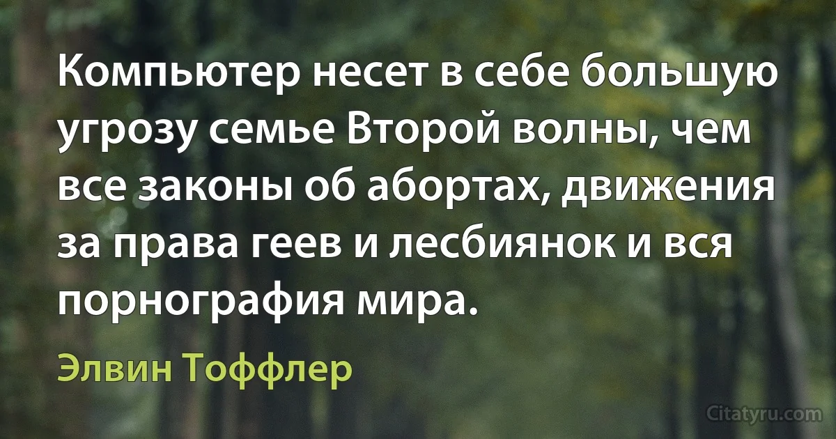 Компьютер несет в себе большую угрозу семье Второй волны, чем все законы об абортах, движения за права геев и лесбиянок и вся порнография мира. (Элвин Тоффлер)