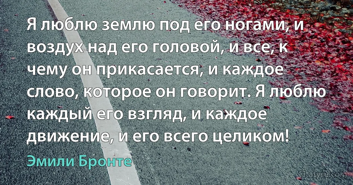 Я люблю землю под его ногами, и воздух над его головой, и все, к чему он прикасается, и каждое слово, которое он говорит. Я люблю каждый его взгляд, и каждое движение, и его всего целиком! (Эмили Бронте)