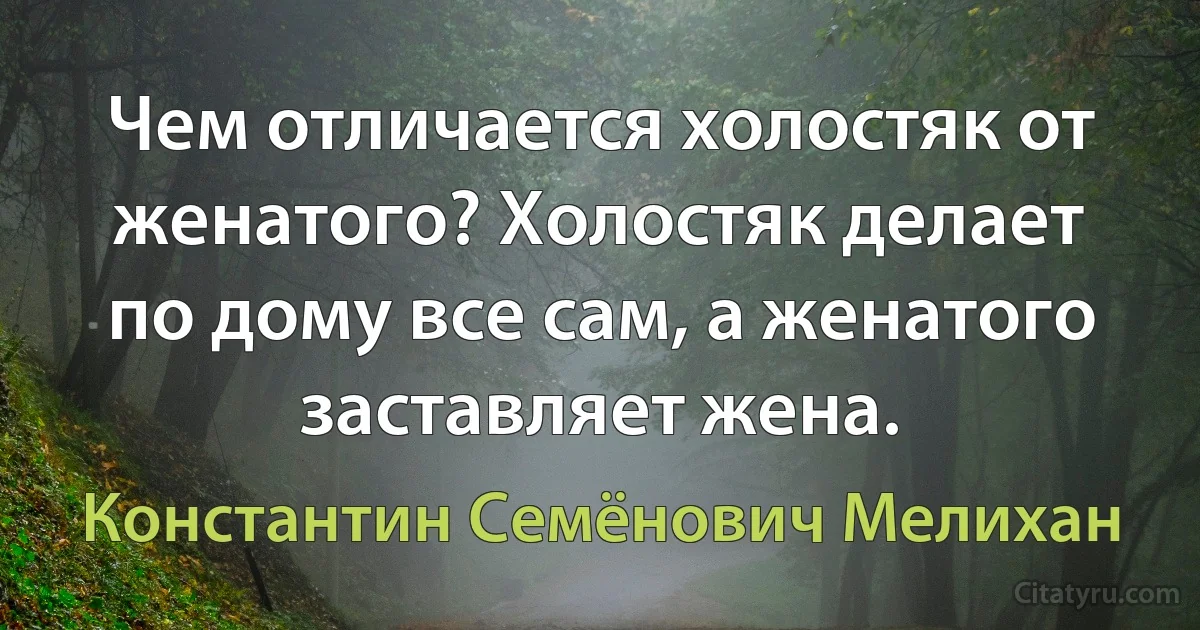 Чем отличается холостяк от женатого? Холостяк делает по дому все сам, а женатого заставляет жена. (Константин Семёнович Мелихан)