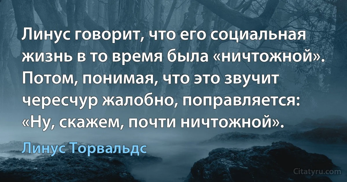 Линус говорит, что его социальная жизнь в то время была «ничтожной». Потом, понимая, что это звучит чересчур жалобно, поправляется: «Ну, скажем, почти ничтожной». (Линус Торвальдс)