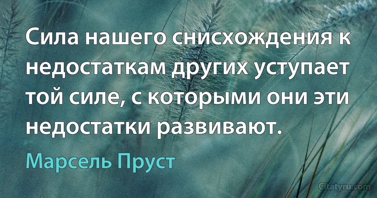 Сила нашего снисхождения к недостаткам других уступает той силе, с которыми они эти недостатки развивают. (Марсель Пруст)