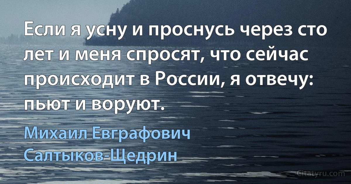 Если я усну и проснусь через сто лет и меня спросят, что сейчас происходит в России, я отвечу: пьют и воруют. (Михаил Евграфович Салтыков-Щедрин)