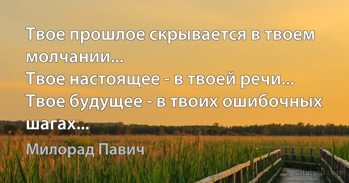 Твое прошлое скрывается в твоем молчании...
Твое настоящее - в твоей речи...
Твое будущее - в твоих ошибочных шагах... (Милорад Павич)