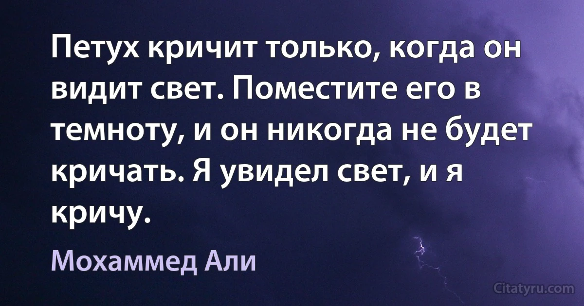 Петух кричит только, когда он видит свет. Поместите его в темноту, и он никогда не будет кричать. Я увидел свет, и я кричу. (Мохаммед Али)