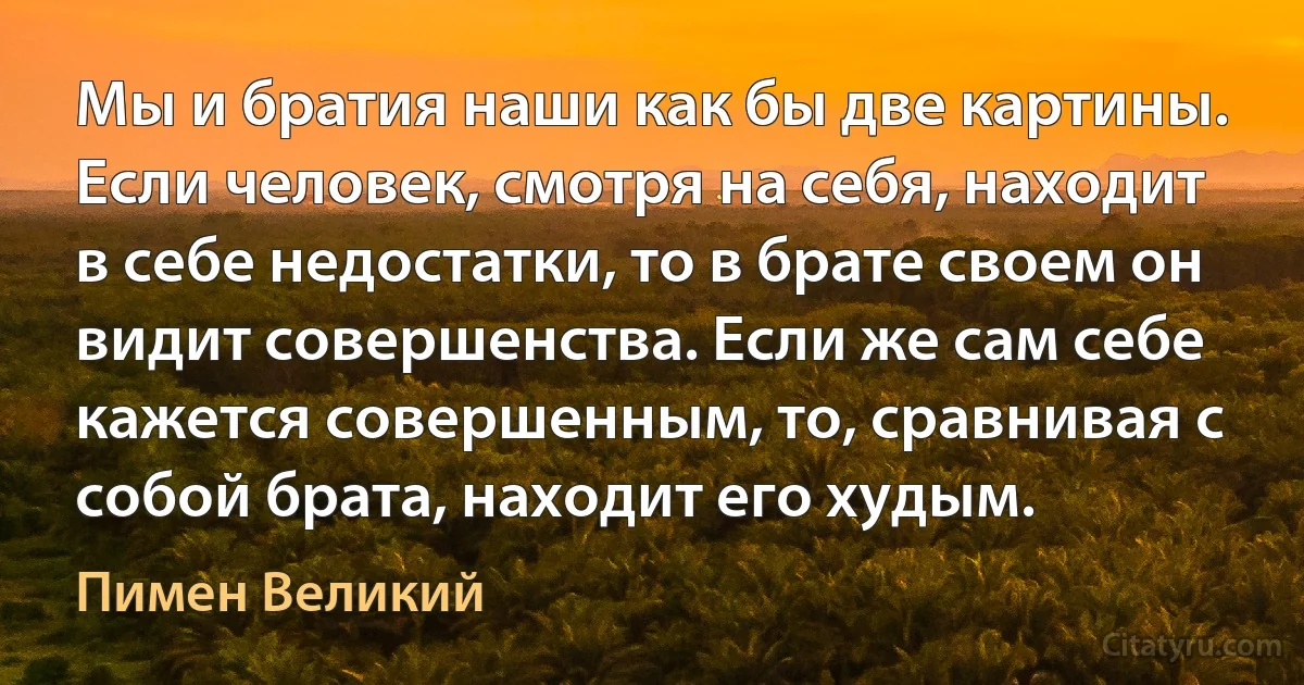 Мы и братия наши как бы две картины. Если человек, смотря на себя, находит в себе недостатки, то в брате своем он видит совершенства. Если же сам себе кажется совершенным, то, сравнивая с собой брата, находит его худым. (Пимен Великий)