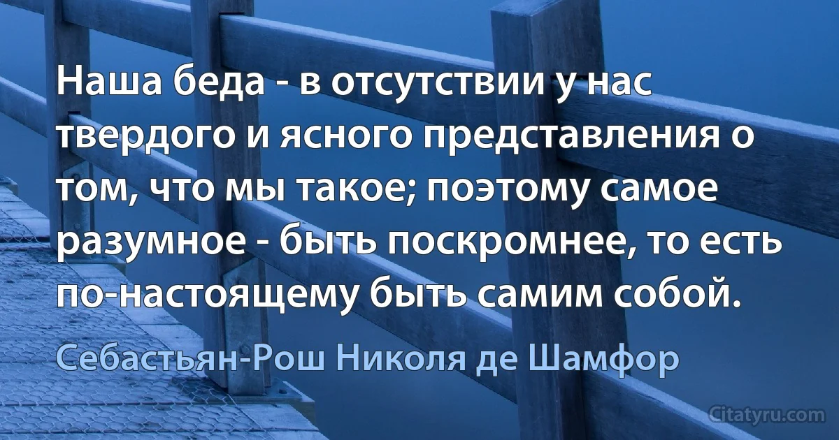 Наша беда - в отсутствии у нас твердого и ясного представления о том, что мы такое; поэтому самое разумное - быть поскромнее, то есть по-настоящему быть самим собой. (Себастьян-Рош Николя де Шамфор)