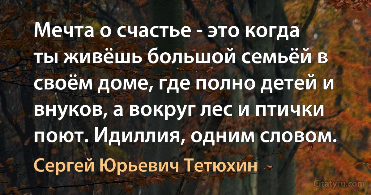 Мечта о счастье - это когда ты живёшь большой семьёй в своём доме, где полно детей и внуков, а вокруг лес и птички поют. Идиллия, одним словом. (Сергей Юрьевич Тетюхин)