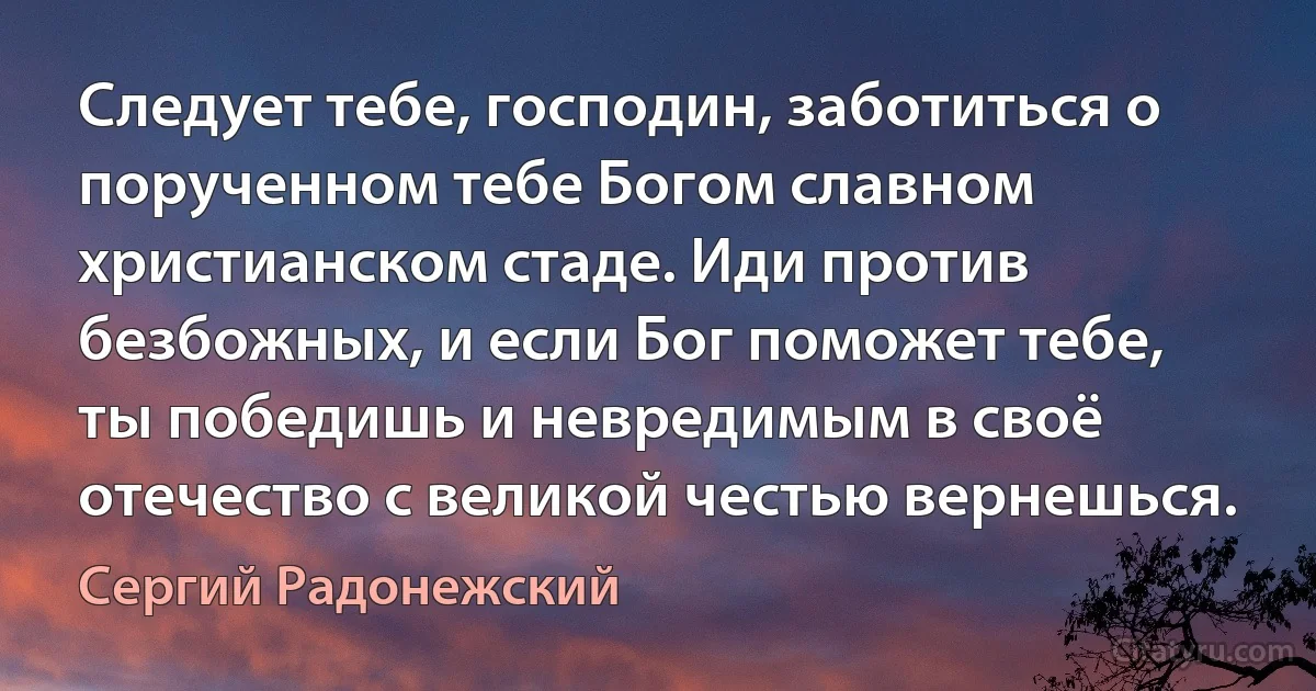 Следует тебе, господин, заботиться о порученном тебе Богом славном христианском стаде. Иди против безбожных, и если Бог поможет тебе, ты победишь и невредимым в своё отечество с великой честью вернешься. (Сергий Радонежский)
