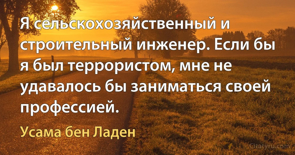 Я сельскохозяйственный и строительный инженер. Если бы я был террористом, мне не удавалось бы заниматься своей профессией. (Усама бeн Ладен)