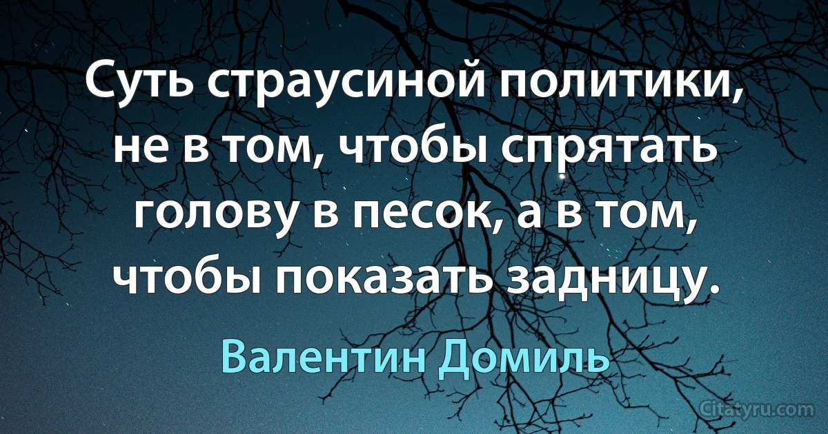 Суть страусиной политики, не в том, чтобы спрятать голову в песок, а в том, чтобы показать задницу. (Валентин Домиль)