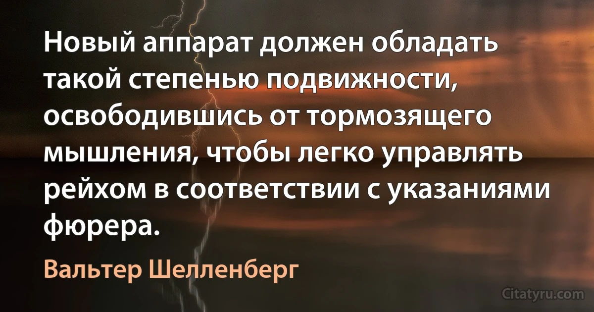 Новый аппарат должен обладать такой степенью подвижности, освободившись от тормозящего мышления, чтобы легко управлять рейхом в соответствии с указаниями фюрера. (Вальтер Шелленберг)