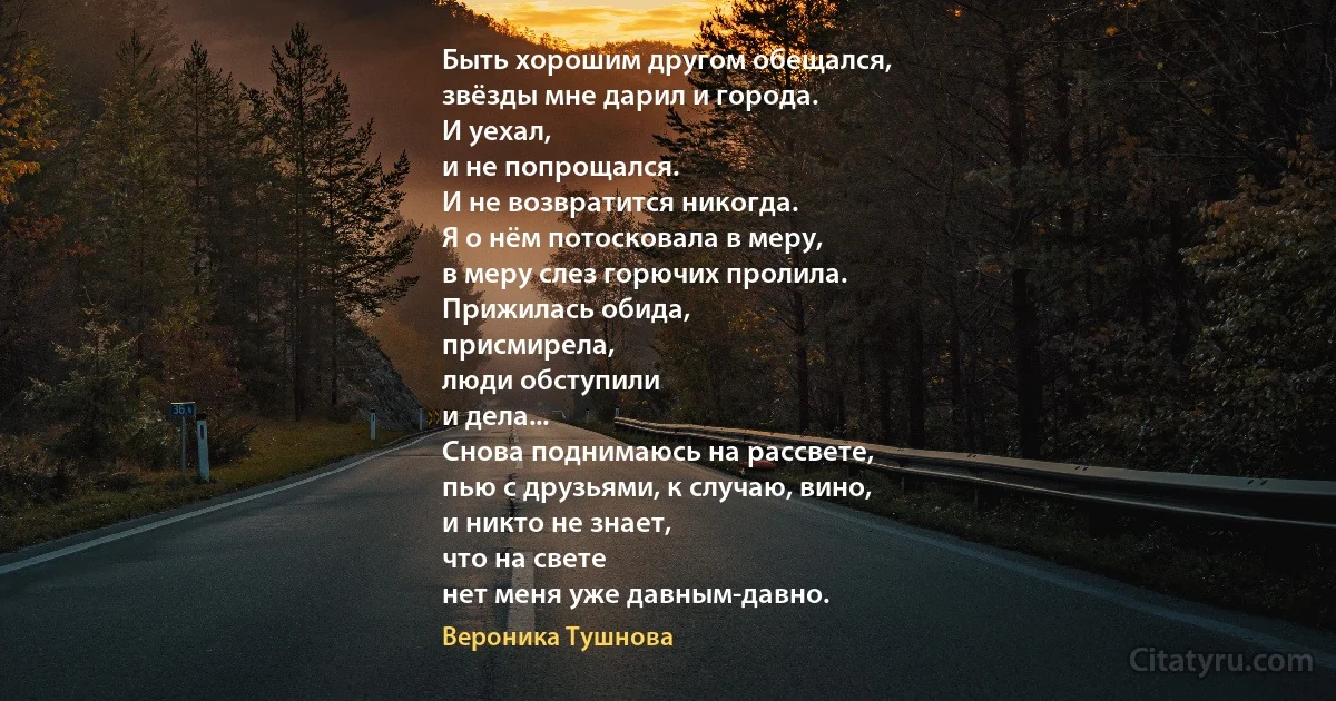 Быть хорошим другом обещался,
звёзды мне дарил и города.
И уехал,
и не попрощался.
И не возвратится никогда.
Я о нём потосковала в меру,
в меру слез горючих пролила.
Прижилась обида,
присмирела,
люди обступили
и дела...
Снова поднимаюсь на рассвете,
пью с друзьями, к случаю, вино,
и никто не знает,
что на свете
нет меня уже давным-давно. (Вероника Тушнова)