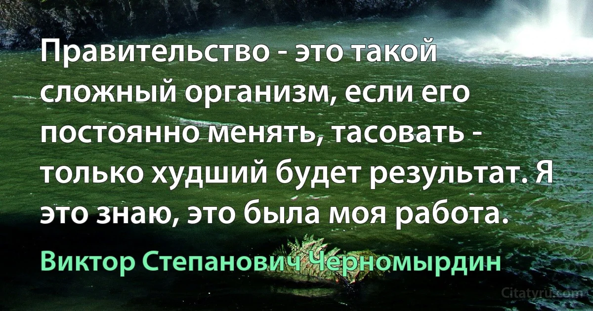 Правительство - это такой сложный организм, если его постоянно менять, тасовать - только худший будет результат. Я это знаю, это была моя работа. (Виктор Степанович Черномырдин)