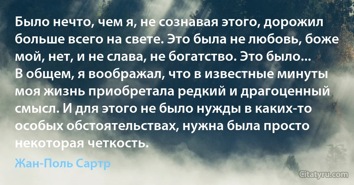 Было нечто, чем я, не сознавая этого, дорожил больше всего на свете. Это была не любовь, боже мой, нет, и не слава, не богатство. Это было... В общем, я воображал, что в известные минуты моя жизнь приобретала редкий и драгоценный смысл. И для этого не было нужды в каких-то особых обстоятельствах, нужна была просто некоторая четкость. (Жан-Поль Сартр)