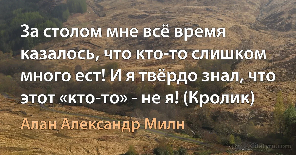 За столом мне всё время казалось, что кто-то слишком много ест! И я твёрдо знал, что этот «кто-то» - не я! (Кролик) (Алан Александр Милн)