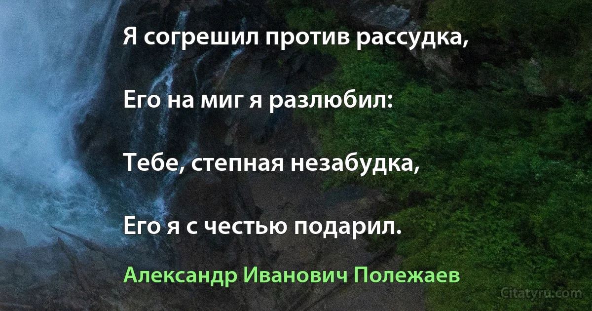 Я согрешил против рассудка,

Его на миг я разлюбил:

Тебе, степная незабудка,

Его я с честью подарил. (Александр Иванович Полежаев)