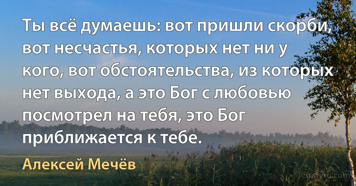 Ты всё думаешь: вот пришли скорби, вот несчастья, которых нет ни у кого, вот обстоятельства, из которых нет выхода, а это Бог с любовью посмотрел на тебя, это Бог приближается к тебе. (Алексей Мечёв)