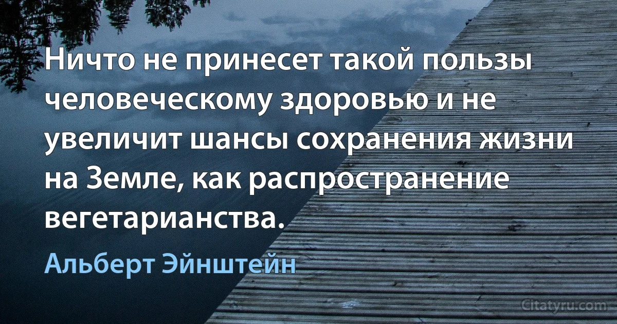 Ничто не принесет такой пользы человеческому здоровью и не увеличит шансы сохранения жизни на Земле, как распространение вегетарианства. (Альберт Эйнштейн)