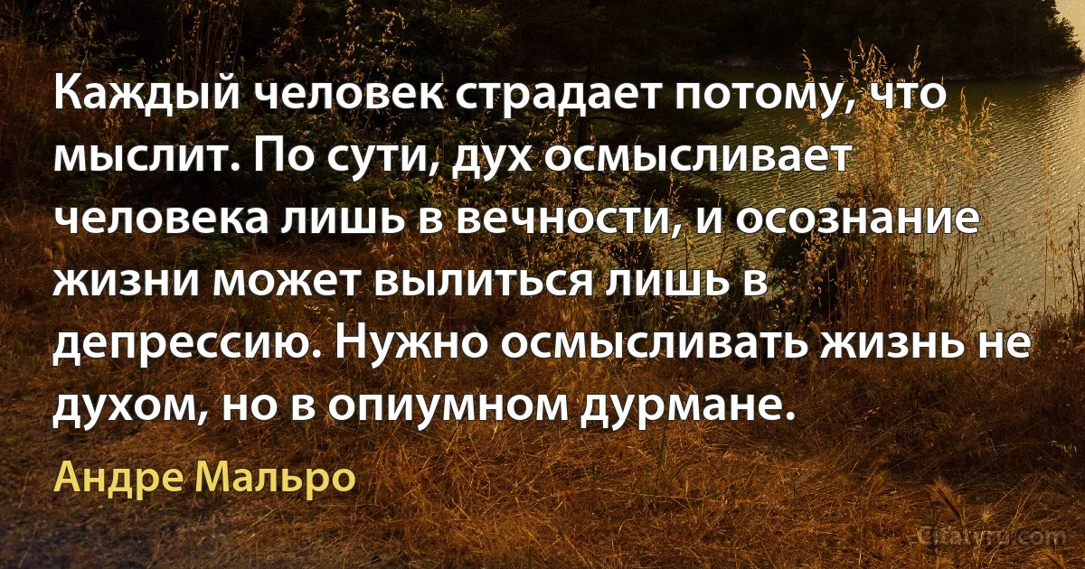 Каждый человек страдает потому, что мыслит. По сути, дух осмысливает человека лишь в вечности, и осознание жизни может вылиться лишь в депрессию. Нужно осмысливать жизнь не духом, но в опиумном дурмане. (Андре Мальро)