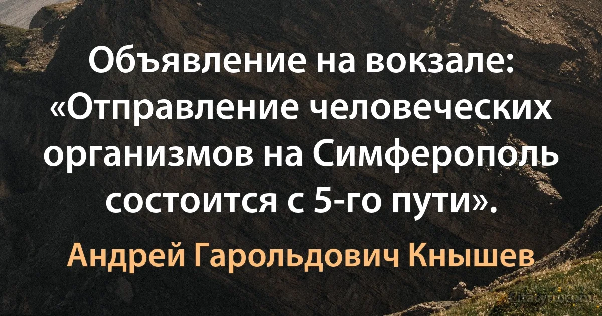 Объявление на вокзале: «Отправление человеческих организмов на Симферополь состоится с 5-го пути». (Андрей Гарольдович Кнышев)