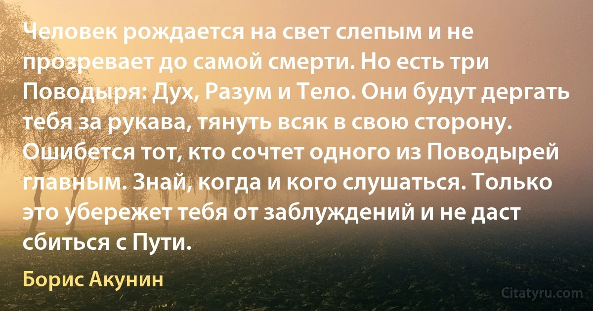 Человек рождается на свет слепым и не прозревает до самой смерти. Но есть три Поводыря: Дух, Разум и Тело. Они будут дергать тебя за рукава, тянуть всяк в свою сторону. Ошибется тот, кто сочтет одного из Поводырей главным. Знай, когда и кого слушаться. Только это убережет тебя от заблуждений и не даст сбиться с Пути. (Борис Акунин)