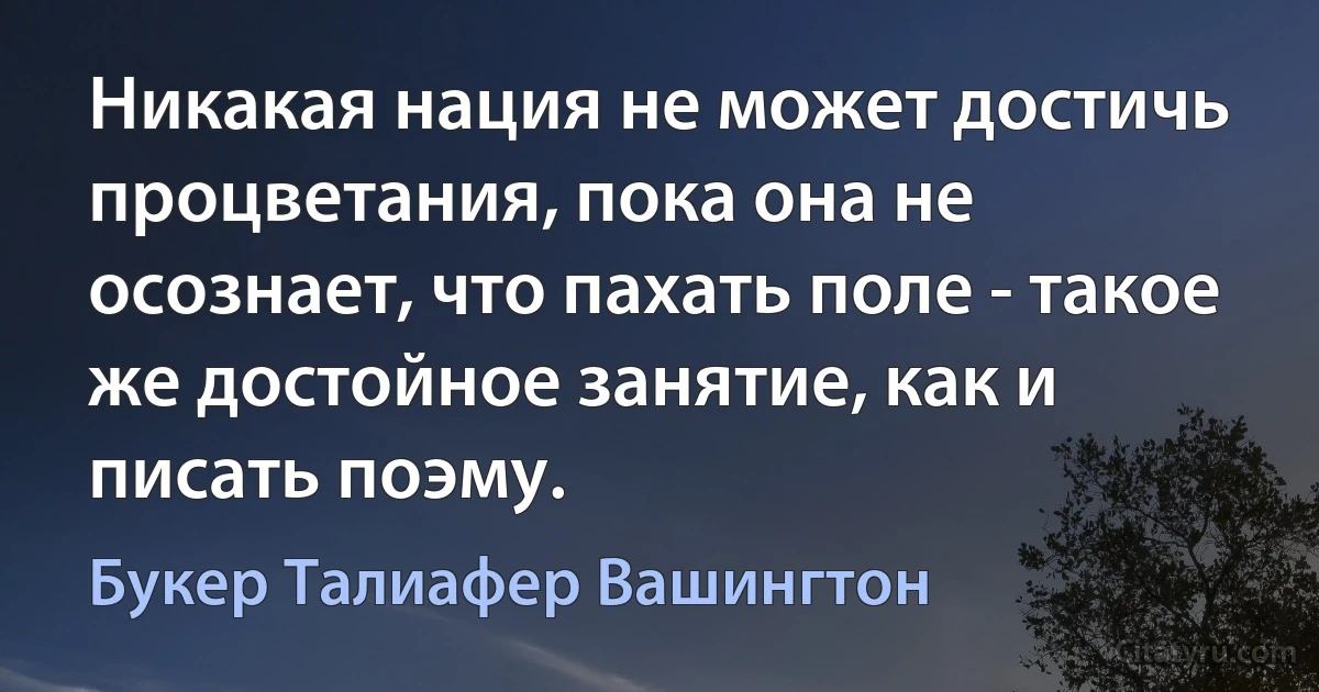 Никакая нация не может достичь процветания, пока она не осознает, что пахать поле - такое же достойное занятие, как и писать поэму. (Букер Талиафер Вашингтон)