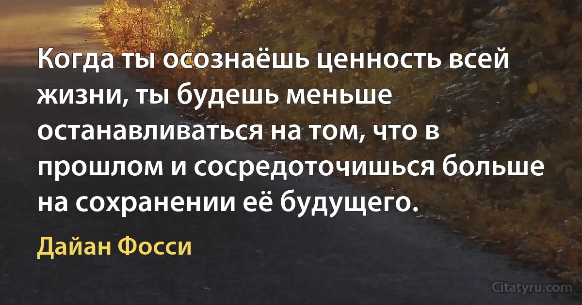 Когда ты осознаёшь ценность всей жизни, ты будешь меньше останавливаться на том, что в прошлом и сосредоточишься больше на сохранении её будущего. (Дайан Фосси)