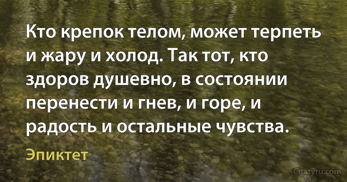 Кто крепок телом, может терпеть и жару и холод. Так тот, кто здоров душевно, в состоянии перенести и гнев, и горе, и радость и остальные чувства. (Эпиктет)