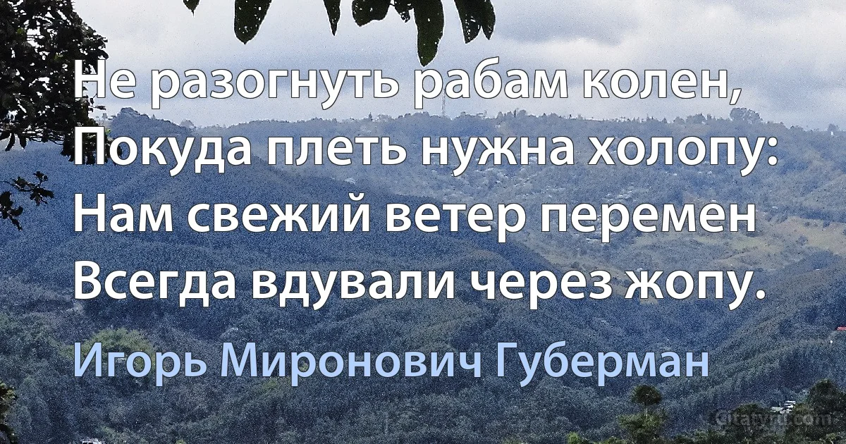 Не разогнуть рабам колен, 
Покуда плеть нужна холопу:
Нам свежий ветер перемен
Всегда вдували через жопу. (Игорь Миронович Губерман)