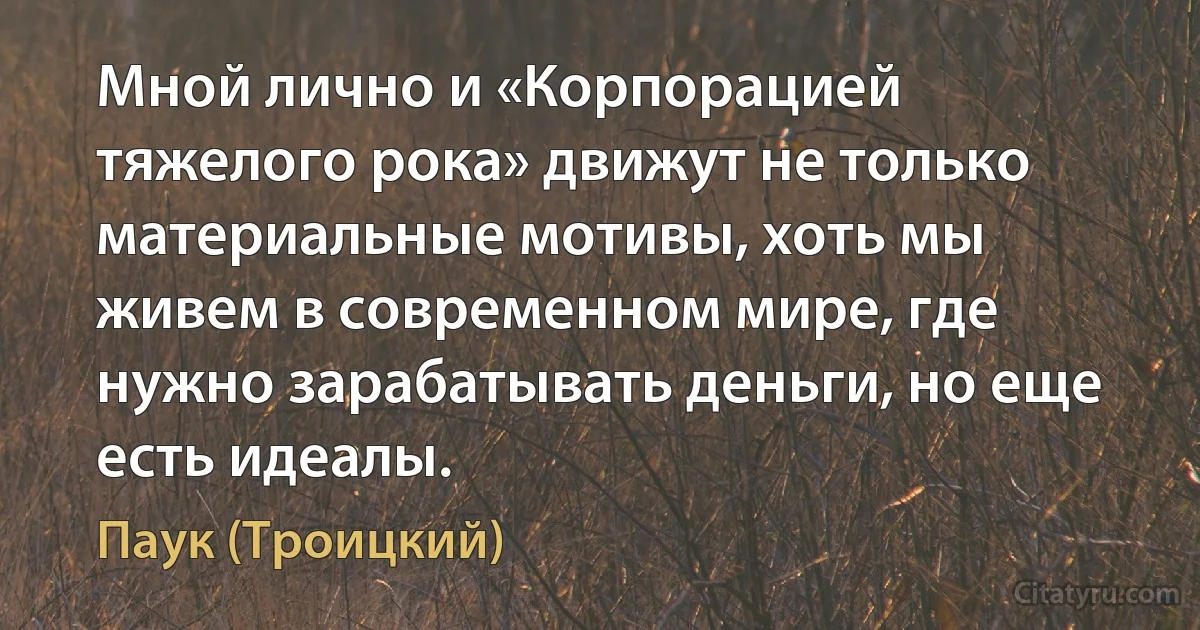 Мной лично и «Корпорацией тяжелого рока» движут не только материальные мотивы, хоть мы живем в современном мире, где нужно зарабатывать деньги, но еще есть идеалы. (Паук (Троицкий))