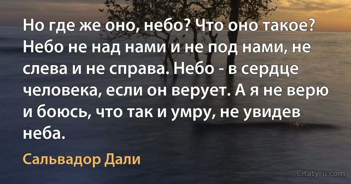 Но где же оно, небо? Что оно такое? Небо не над нами и не под нами, не слева и не справа. Небо - в сердце человека, если он верует. А я не верю и боюсь, что так и умру, не увидев неба. (Сальвадор Дали)