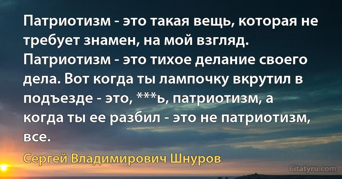 Патриотизм - это такая вещь, которая не требует знамен, на мой взгляд. Патриотизм - это тихое делание своего дела. Вот когда ты лампочку вкрутил в подъезде - это, ***ь, патриотизм, а когда ты ее разбил - это не патриотизм, все. (Сергей Владимирович Шнуров)