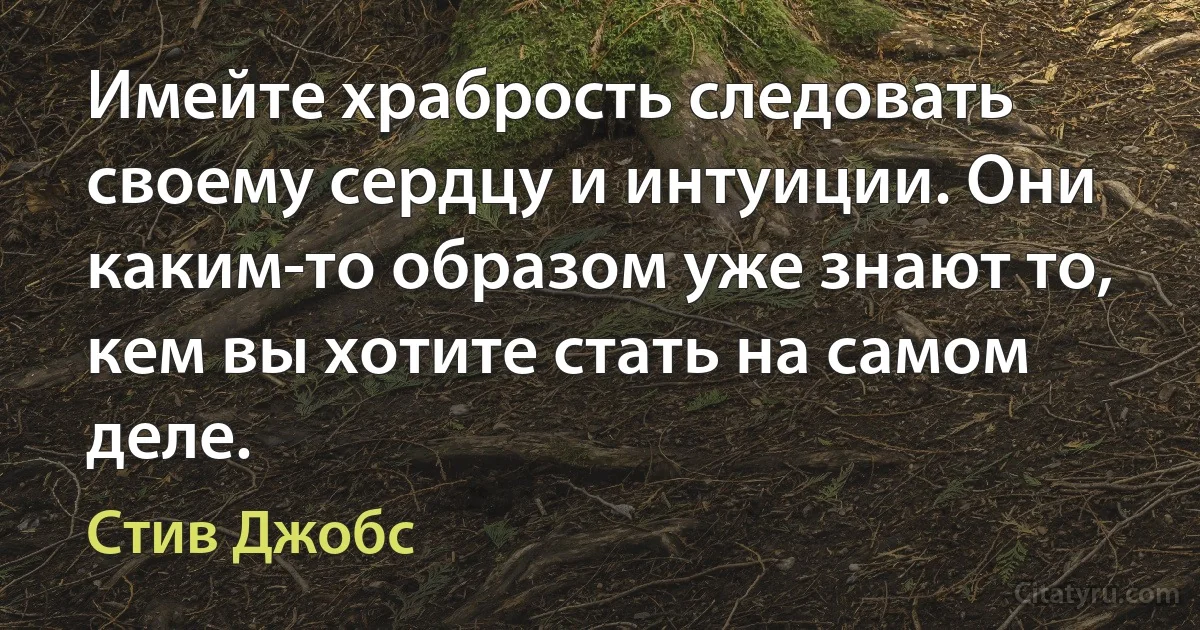 Имейте храбрость следовать своему сердцу и интуиции. Они каким-то образом уже знают то, кем вы хотите стать на самом деле. (Стив Джобс)