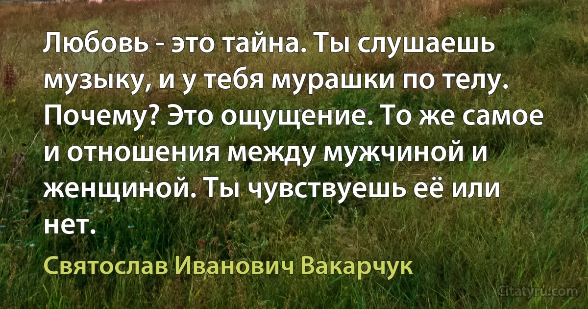 Любовь - это тайна. Ты слушаешь музыку, и у тебя мурашки по телу. Почему? Это ощущение. То же самое и отношения между мужчиной и женщиной. Ты чувствуешь её или нет. (Святослав Иванович Вакарчук)