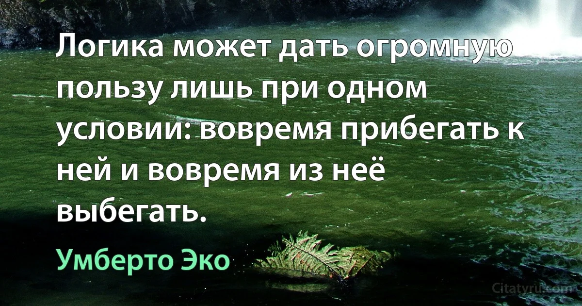 Логика может дать огромную пользу лишь при одном условии: вовремя прибегать к ней и вовремя из неё выбегать. (Умберто Эко)