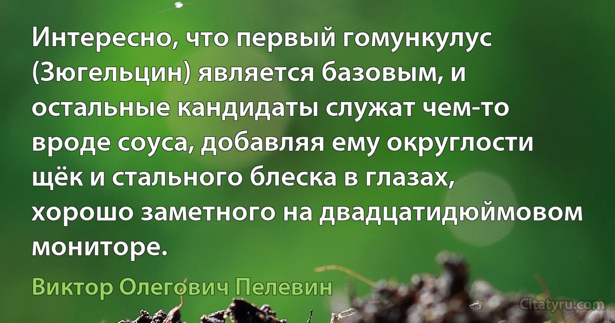 Интересно, что первый гомункулус (Зюгельцин) является базовым, и остальные кандидаты служат чем-то вроде соуса, добавляя ему округлости щёк и стального блеска в глазах, хорошо заметного на двадцатидюймовом мониторе. (Виктор Олегович Пелевин)