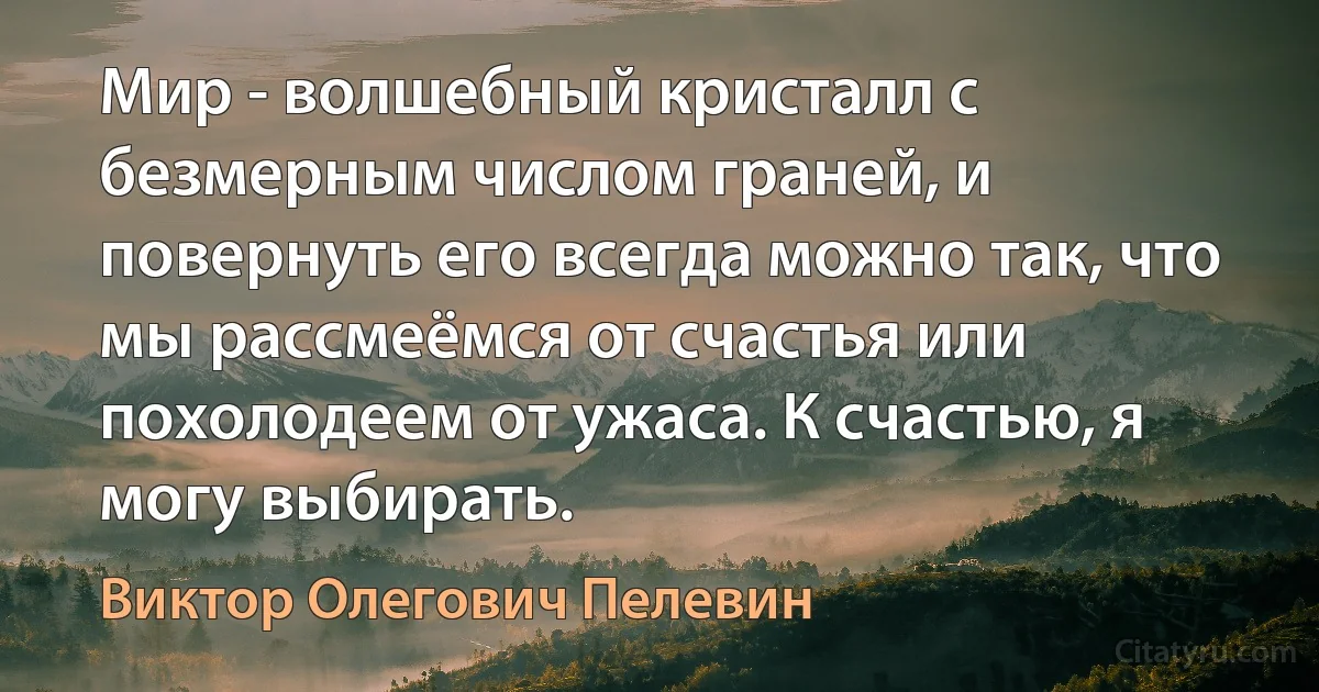 Мир - волшебный кристалл с безмерным числом граней, и повернуть его всегда можно так, что мы рассмеёмся от счастья или похолодеем от ужаса. К счастью, я могу выбирать. (Виктор Олегович Пелевин)