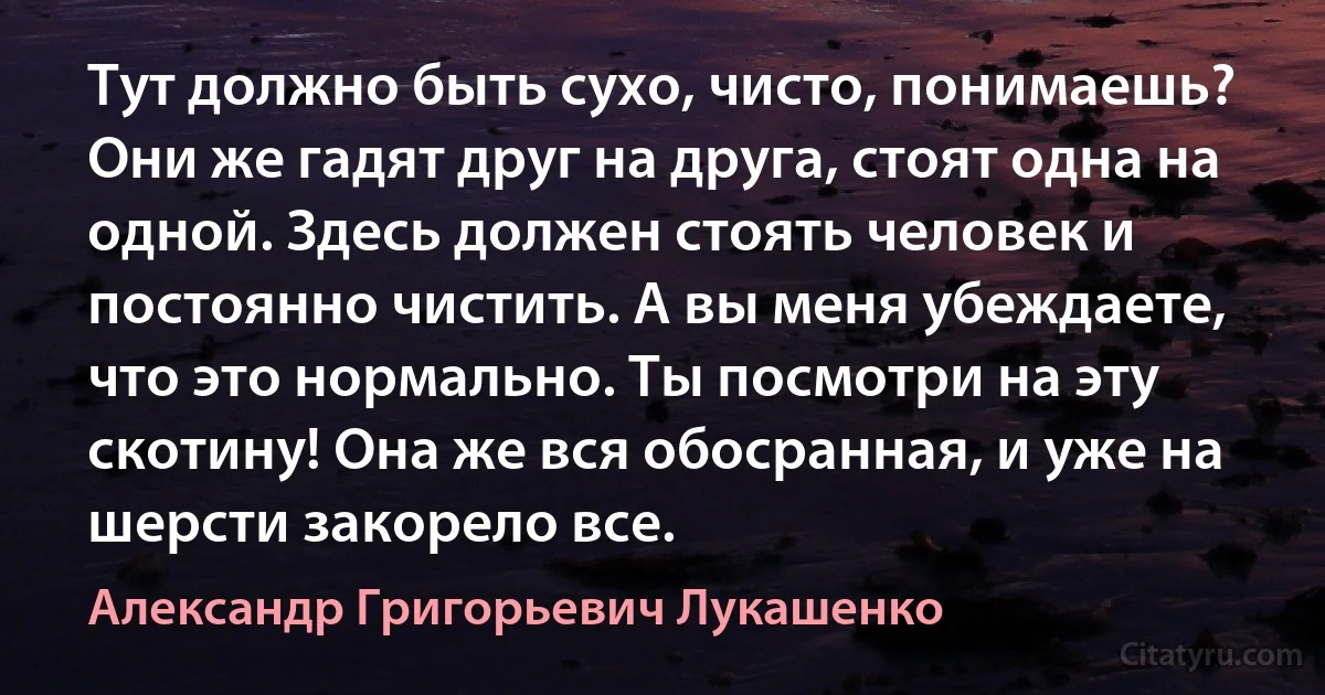 Тут должно быть сухо, чисто, понимаешь? Они же гадят друг на друга, стоят одна на одной. Здесь должен стоять человек и постоянно чистить. А вы меня убеждаете, что это нормально. Ты посмотри на эту скотину! Она же вся обосранная, и уже на шерсти закорело все. (Александр Григорьевич Лукашенко)