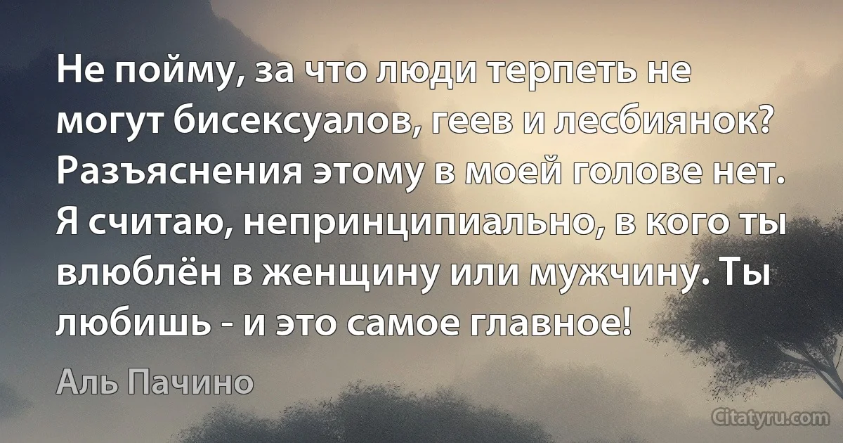 Не пойму, за что люди терпеть не могут бисексуалов, геев и лесбиянок? Разъяснения этому в моей голове нет. Я считаю, непринципиально, в кого ты влюблён в женщину или мужчину. Ты любишь - и это самое главное! (Аль Пачино)