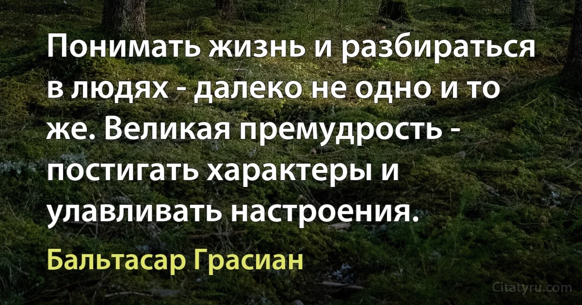 Понимать жизнь и разбираться в людях - далеко не одно и то же. Великая премудрость - постигать характеры и улавливать настроения. (Бальтасар Грасиан)