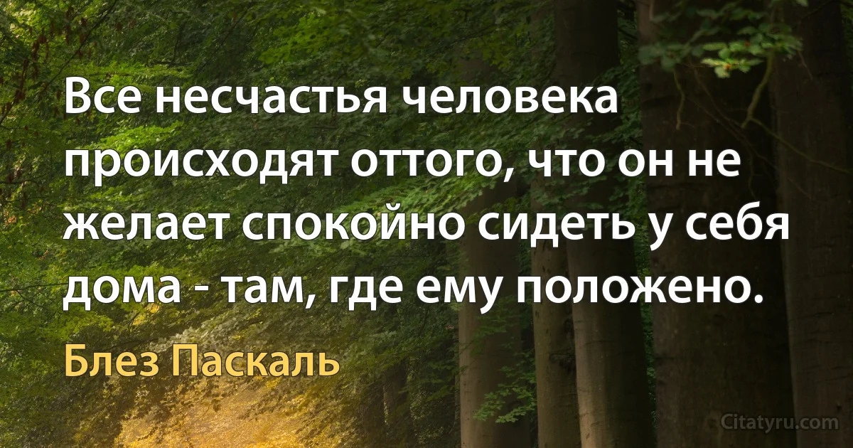 Все несчастья человека происходят оттого, что он не желает спокойно сидеть у себя дома - там, где ему положено. (Блез Паскаль)