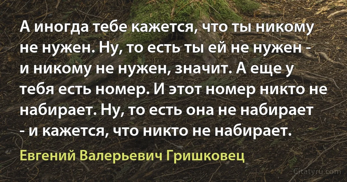 А иногда тебе кажется, что ты никому не нужен. Ну, то есть ты ей не нужен - и никому не нужен, значит. А еще у тебя есть номер. И этот номер никто не набирает. Ну, то есть она не набирает - и кажется, что никто не набирает. (Евгений Валерьевич Гришковец)