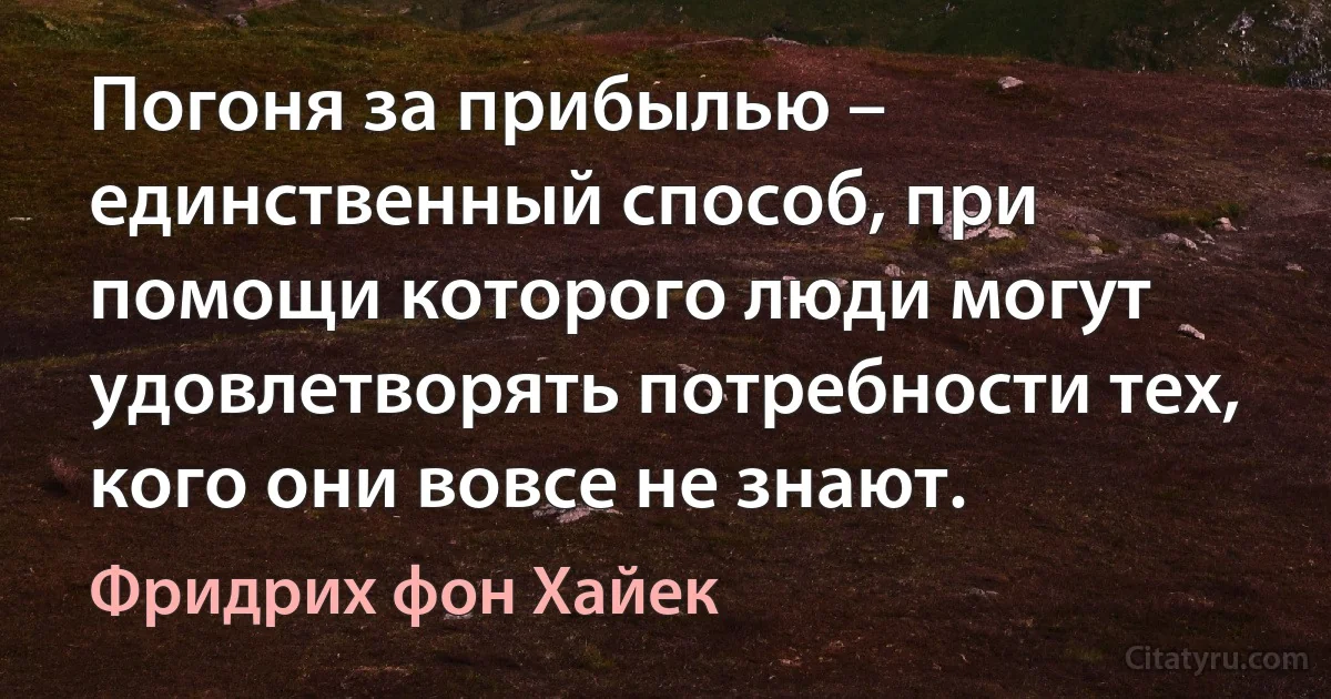 Погоня за прибылью – единственный способ, при помощи которого люди могут удовлетворять потребности тех, кого они вовсе не знают. (Фридрих фон Хайек)