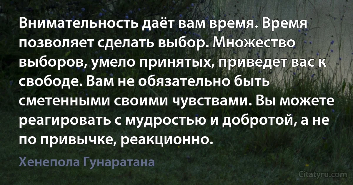 Внимательность даёт вам время. Время позволяет сделать выбор. Множество выборов, умело принятых, приведет вас к свободе. Вам не обязательно быть сметенными своими чувствами. Вы можете реагировать с мудростью и добротой, а не по привычке, реакционно. (Хенепола Гунаратана)