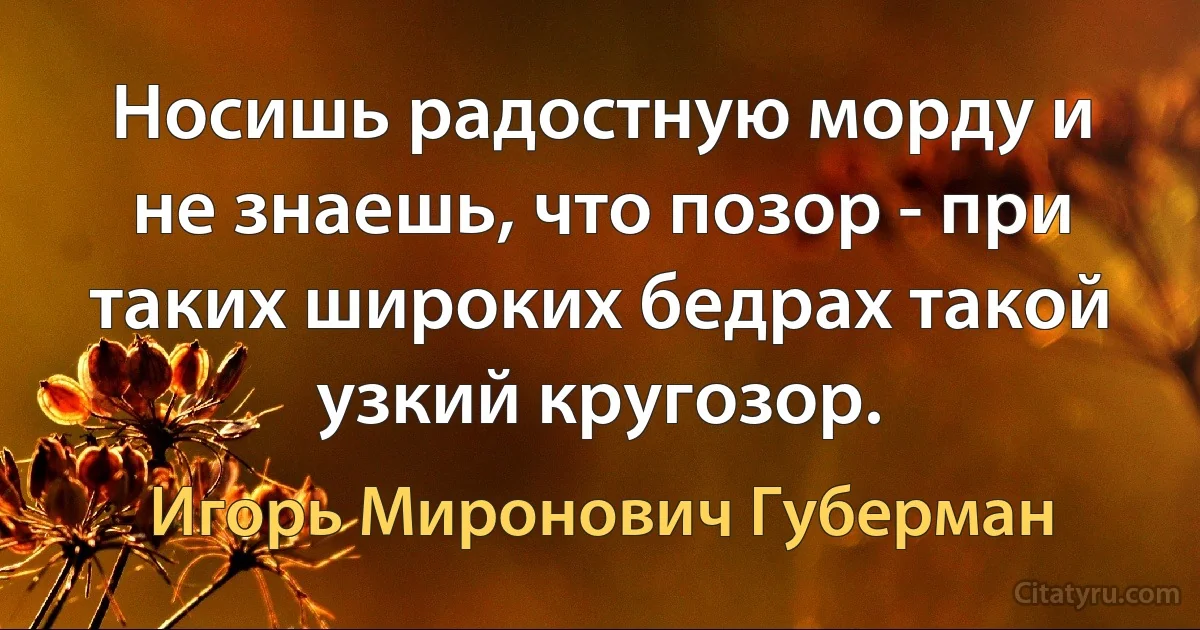 Носишь радостную морду и не знаешь, что позор - при таких широких бедрах такой узкий кругозор. (Игорь Миронович Губерман)