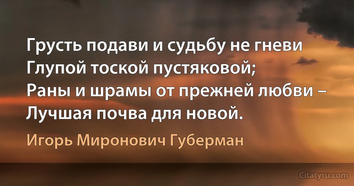 Грусть подави и судьбу не гневи
Глупой тоской пустяковой;
Раны и шрамы от прежней любви –
Лучшая почва для новой. (Игорь Миронович Губерман)