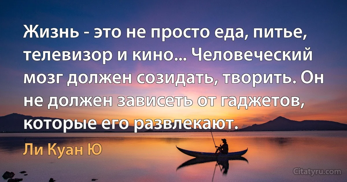 Жизнь - это не просто еда, питье, телевизор и кино... Человеческий мозг должен созидать, творить. Он не должен зависеть от гаджетов, которые его развлекают. (Ли Куан Ю)