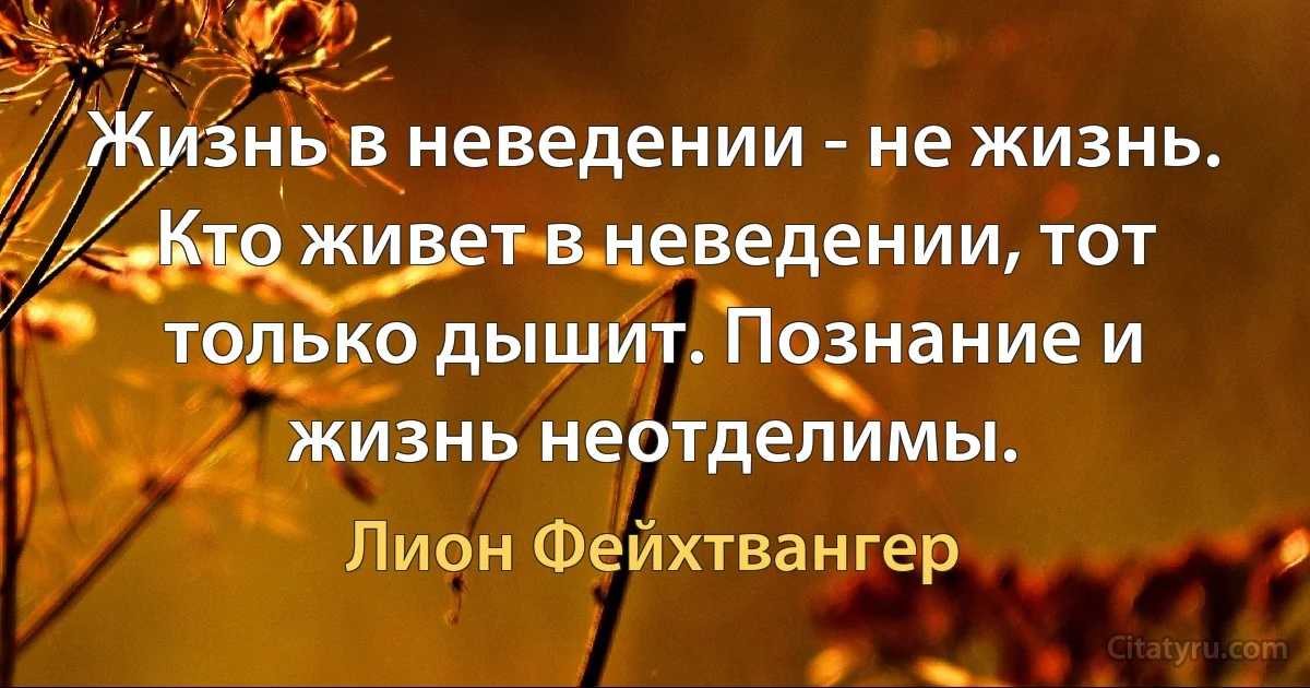 Жизнь в неведении - не жизнь. Кто живет в неведении, тот только дышит. Познание и жизнь неотделимы. (Лион Фейхтвангер)