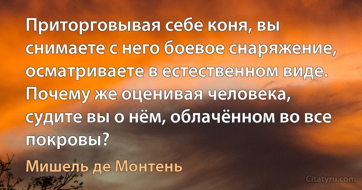 Приторговывая себе коня, вы снимаете с него боевое снаряжение, осматриваете в естественном виде. Почему же оценивая человека, судите вы о нём, облачённом во все покровы? (Мишель де Монтень)